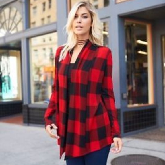 Pink Peplum Boutique Sweaters - Long sleeve red plaid cardigan with elbow patch